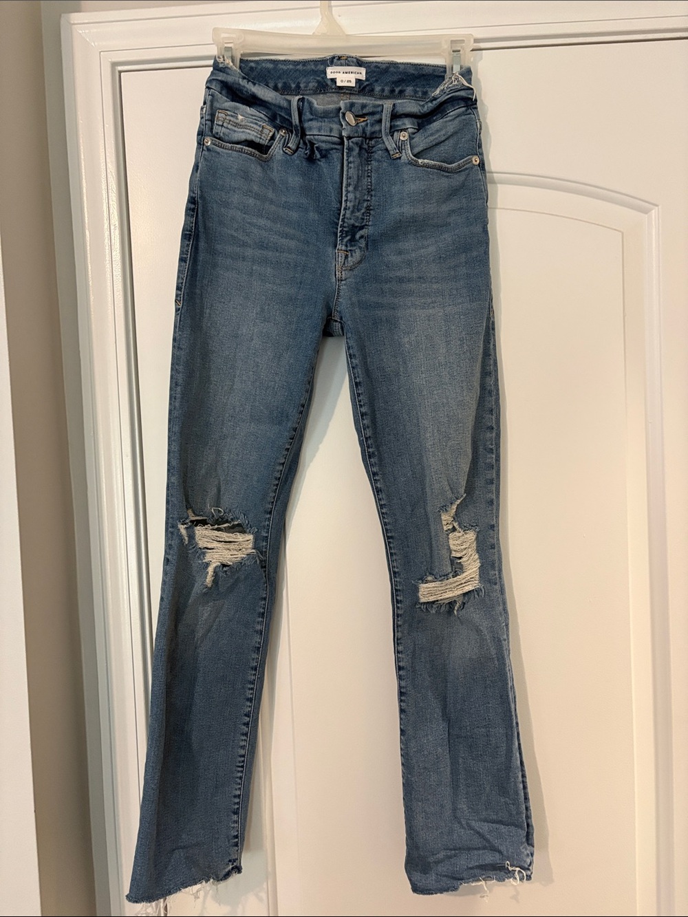 Good American Medium Blue Straight Leg Distressed Jeans